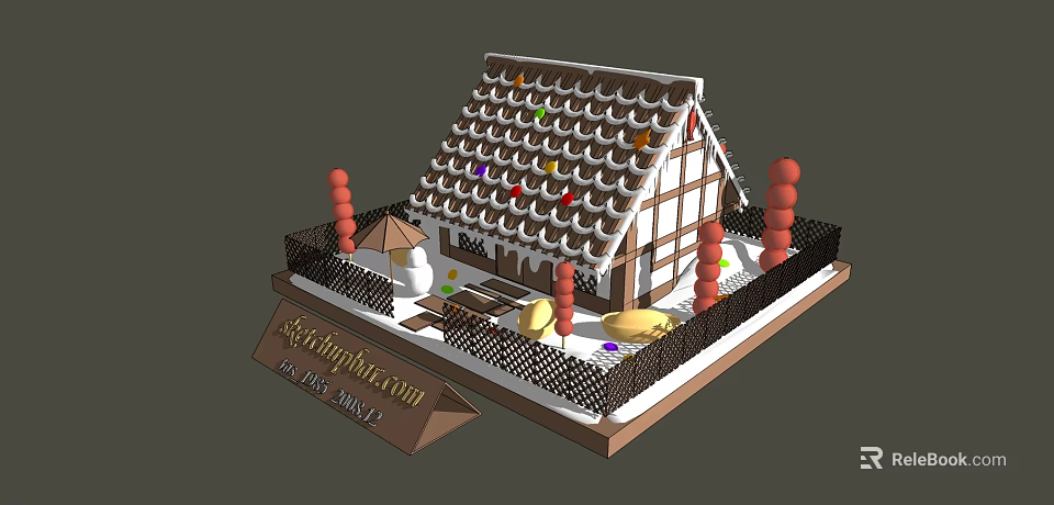 Cartoon Scene Of Gingerbread House With Decorated Roof Colorful Candies Fence And Signpost 3d model 