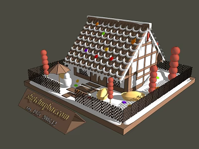 Cartoon Scene Of Gingerbread House With Decorated Roof Colorful Candies Fence And Signpost 3d model
