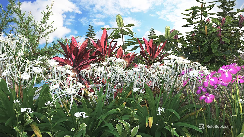 Vibrant Garden With Red Leaves White Flowers And Purple Blooms Under Blue Sky 3d model 