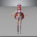 Anime Character with Red Long Hair Blue Accessories Pink Leg Patterns and Arms Outstretched