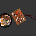 Fresh Fish Sushi On Wooden Cutting Board With Green Bowl And Chopsticks