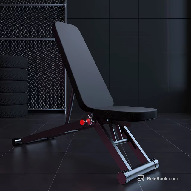 Black Fitness Bench With Adjustable Backrest Metal Frame Red Knob Against Black Mesh Wall 3d model 