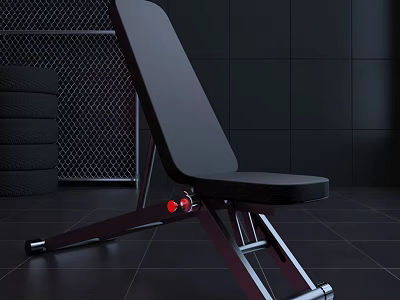 Black Fitness Bench With Adjustable Backrest Metal Frame Red Knob Against Black Mesh Wall 3d model
