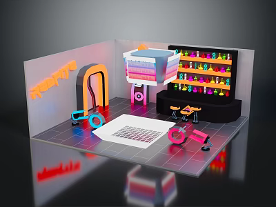 Vibrant Cartoon Scene Setup With Colorful Bookshelf And Playful Furniture And Decorative Toys 3d model