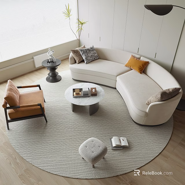 Minimalist Living Room Curved White Sofa and Round Marble Coffee Table Set with Orange Cushions 3d model 