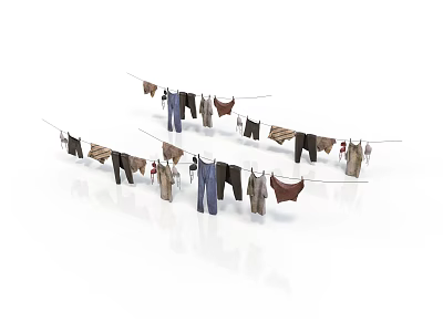 Clothesline with Hanging Shirts Pants Towels Socks and Linen Items 3d model
