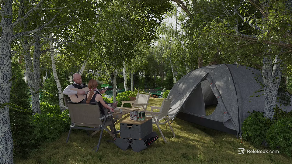 Garden Landscape Surrounded by Trees and Grass with Camping Tent People Sitting on Outdoor Chairs 3d model 