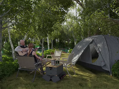 Garden Landscape Surrounded by Trees and Grass with Camping Tent People Sitting on Outdoor Chairs 3d model