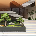 Elegant Modern Interior Lobby With Staircase Bonsai Plants Ink Painting And Marble Floor