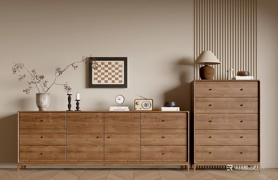 Modern Wooden Entryway Cabinet and Sideboard with Vase Table Lamp Clock and Decorative Items 3d model 