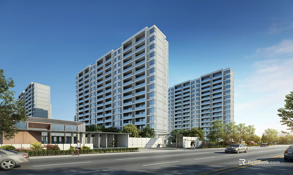 Modern Residential Buildings In Urban Setting With Road And Greenery 3d model 