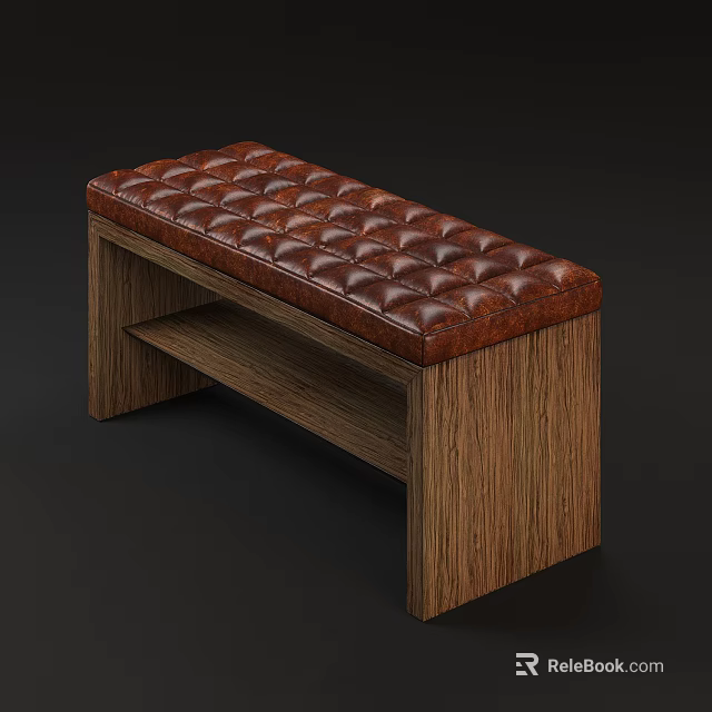Brown Tufted Leather Ottoman Bench With Natural Wood Grain Frame Design 3d model 