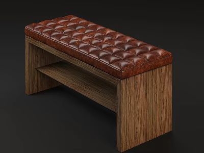 Brown Tufted Leather Ottoman Bench With Natural Wood Grain Frame Design 3d model