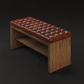 Brown Tufted Leather Ottoman Bench With Natural Wood Grain Frame Design