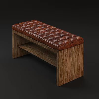 Brown Tufted Leather Ottoman Bench With Natural Wood Grain Frame Design 3d model