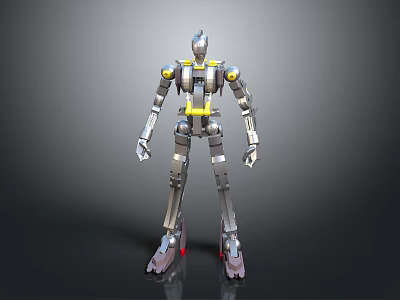 Silver Mechanical Robot Character With Yellow Accents And Red Feet Design 3d model