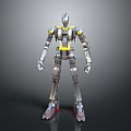 Silver Mechanical Robot Character With Yellow Accents And Red Feet Design