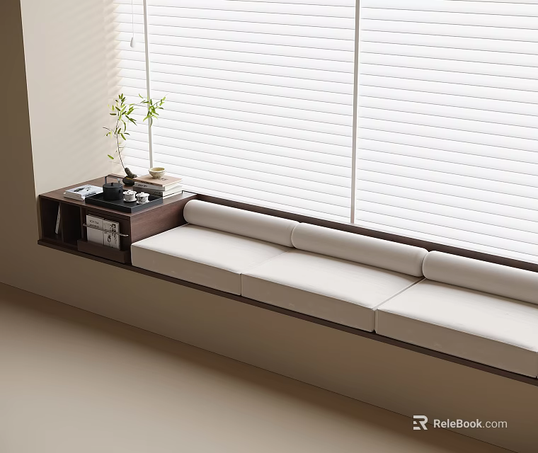 Cozy Bay Window With White Cushions Wooden Side Table Tea Set Green Plant And Blinds 3d model 