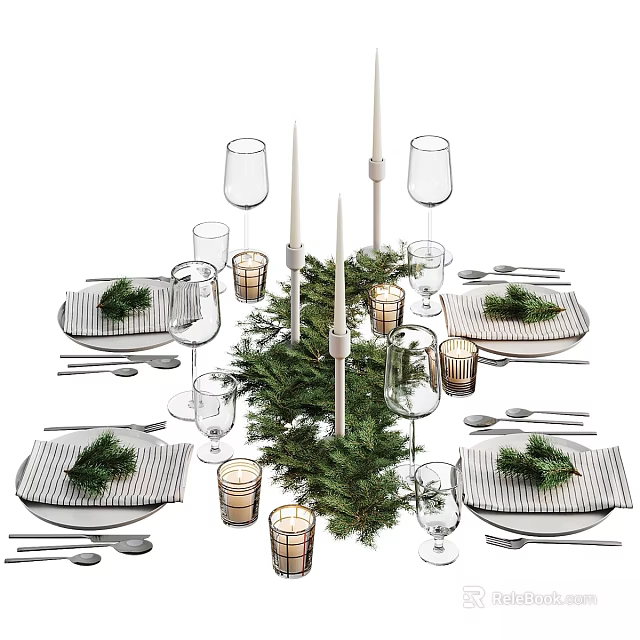 Elegant Modern Dinnerware Set With Striped Plates Wine Glasses Candles And Greenery Table Decoration 3d model 