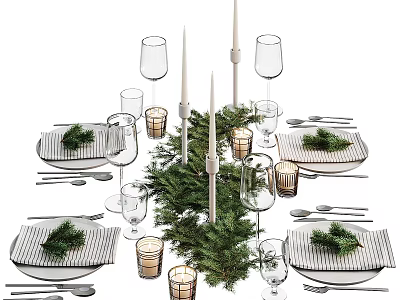 Elegant Modern Dinnerware Set With Striped Plates Wine Glasses Candles And Greenery Table Decoration 3d model