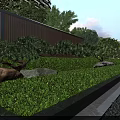 Residential Landscape With Illuminated Wooden Screen Lush Greenery Pine Trees Stones Against High-Rise Buildings
