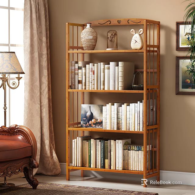 Stylish Wooden Bookshelf Filled With Books Decorative Vase Sculpture And Clock In Room 3d model 
