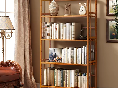 Stylish Wooden Bookshelf Filled With Books Decorative Vase Sculpture And Clock In Room 3d model