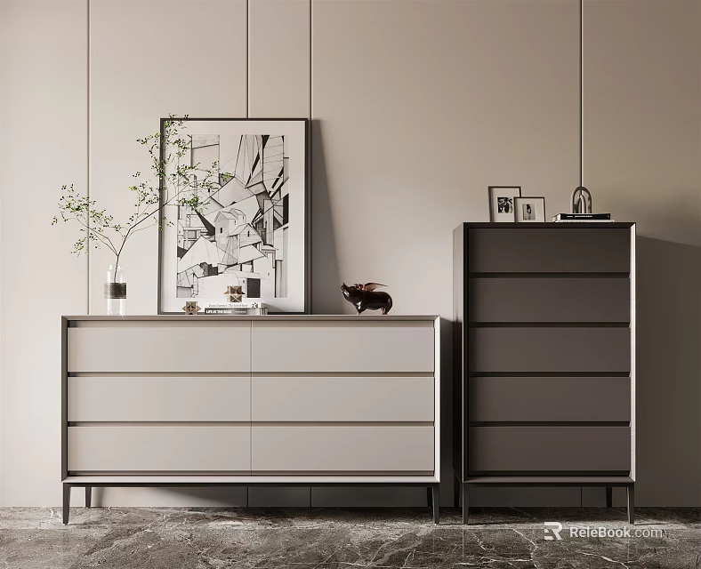 Light And Dark Dressers In Modern Interior With Framed Art Decorative Items Potted Plant 3d model 