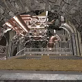 Industrial Cavernous Interior With Stone Walls Copper Pipes Ornate Railing And Grated Floor