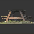 Rustic Outdoor Wooden Picnic Table Furniture With Attached Benches On Grass Base