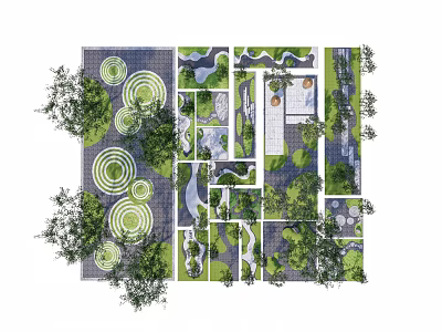 Karesansui Dry Landscape Design With Circular Stone Patterns Stream Elements And Greenery 3d model