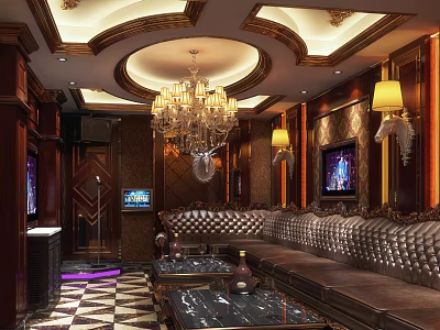 Elegant KTV Interior Design With Leather Sofa Chandelier And TV Screens 3d model