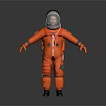 Astronaut In Orange Spacesuit With Helmet Standing Full Body Isolated On Gray Background
