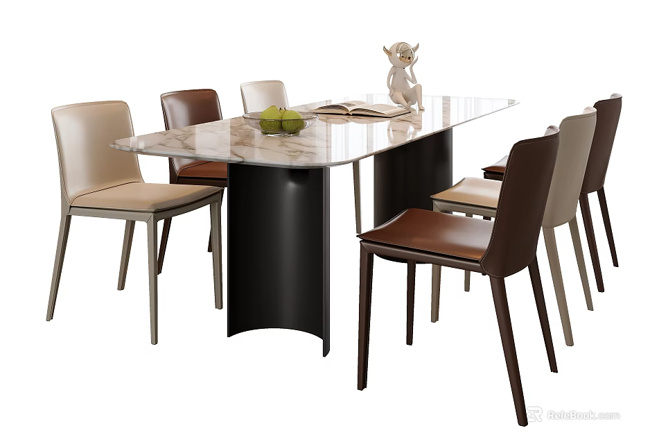 Modern Dining Table Set With Marble Top Black Legs And Leather Chairs 3d model 
