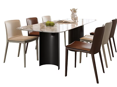Modern Dining Table Set With Marble Top Black Legs And Leather Chairs 3d model