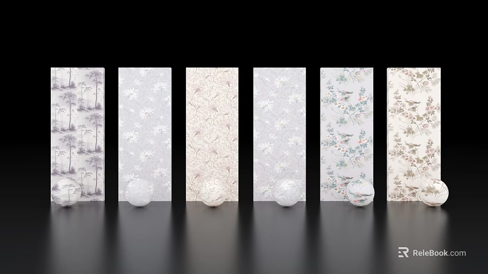 Various Patterned Wallpaper Samples Display With White Spheres On Black Background 3d model 