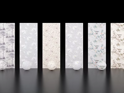 Various Patterned Wallpaper Samples Display With White Spheres On Black Background 3d model