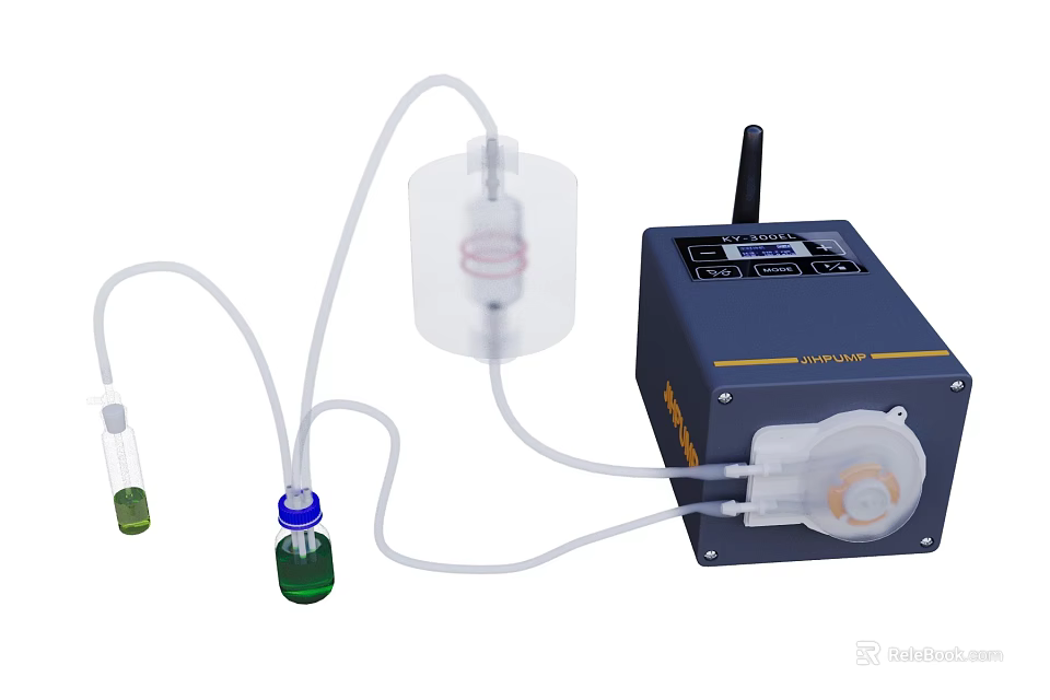 Industrial Peristaltic Pump with Dark Blue Body Tubing Transparent Container and Green Liquid Bottle 3d model 