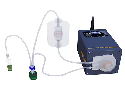 Industrial Peristaltic Pump with Dark Blue Body Tubing Transparent Container and Green Liquid Bottle 3d model