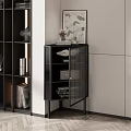 Stylish Modern Black Cabinet With Ribbed Glass Doors And Decorative Artwork Near Bookshelf