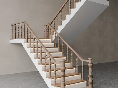 Modern Interior Staircase Design With Wooden Handrails White Steps Gray Walls And Floor 3d model