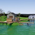 Boutique Homestay Building With Geodesic Domes Lakeside Green Lawn And Trees