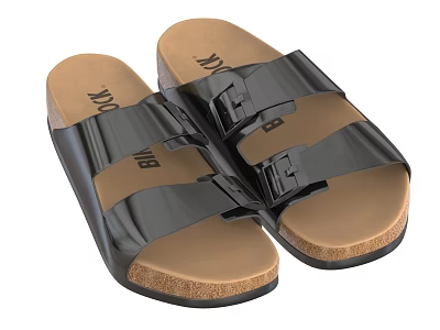 Black Double Strap Sandal Shoes Featuring Shiny Upper Cork Sole and Metal Buckles 3d model