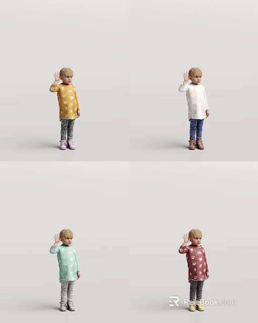 Cute Children Waving In Different Colored Clothes Yellow Star White Light Green Red Patterns 3d model