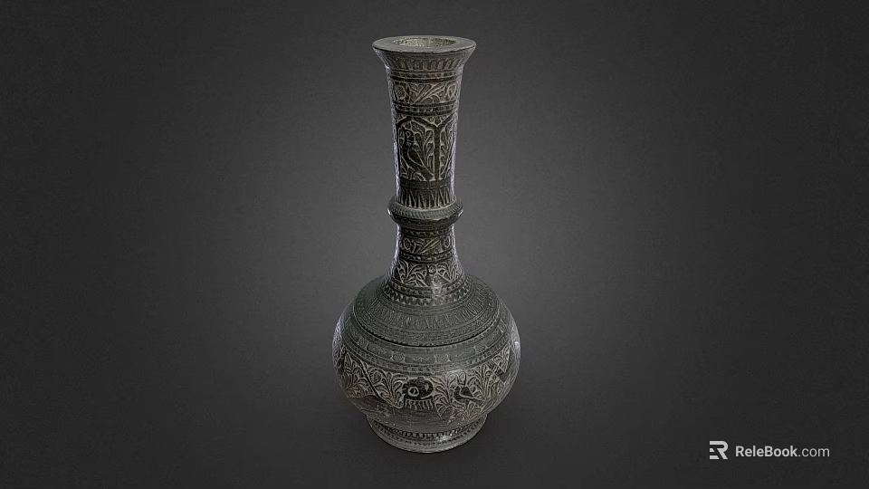 Antique Carved Metal Vase With Intricate Floral Patterns And Ornate Design 3d model 