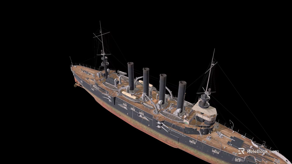 Vintage Warship With Multiple Funels Detailed Deck Structure And Historical Design 3d model 
