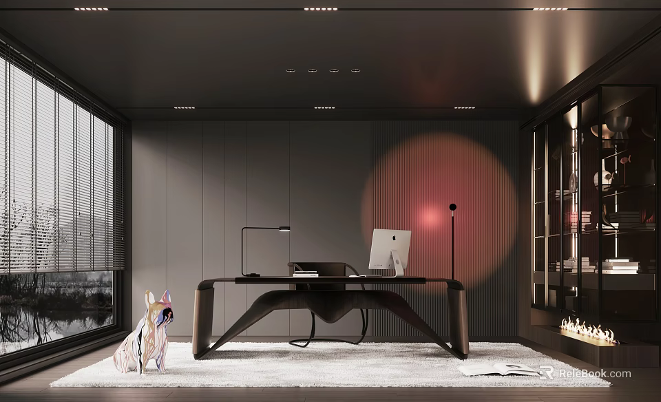 Modern Study Room Interior With Wooden Desk Floor Lamp Bookshelf Window And Soft Carpet 3d model 