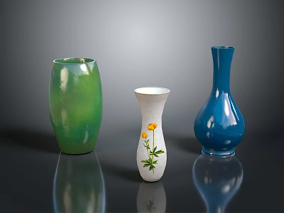 Decorative Vases in Green White Blue Colors with Yellow Flower Pattern for Home Living 3d model