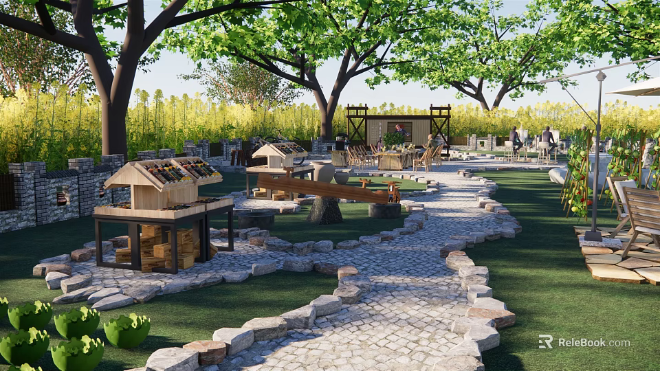 Rural Landscape Featuring Stone Paved Path Wooden Huts Trees Green Lawn And Yellow Flower Fields 3d model 