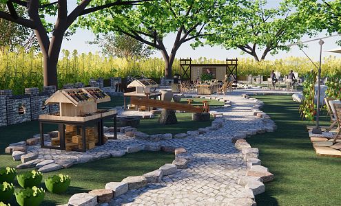 Modern Garden Country Courtyard Rural Landscape Vegetable Art Courtyard Party Picnic Floral Swing Straw Hat Enclosure 3d model